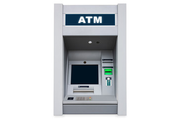 ATM cash machine with empty screen and contactless payment card support isolated on white background with pail shadow - obrazy, fototapety, plakaty