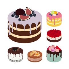 Set of Vector Tasty Cakes Isolated on White Background. Illustrations for Confectionery, Cafe and Greeting Cards.