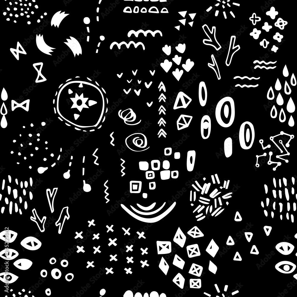 Poster black and white whimsical background. vector seamless pattern. hand drawn graphic elements.