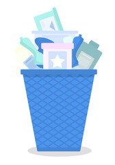Vector drawing.Garbage basket with plastic household waste white background