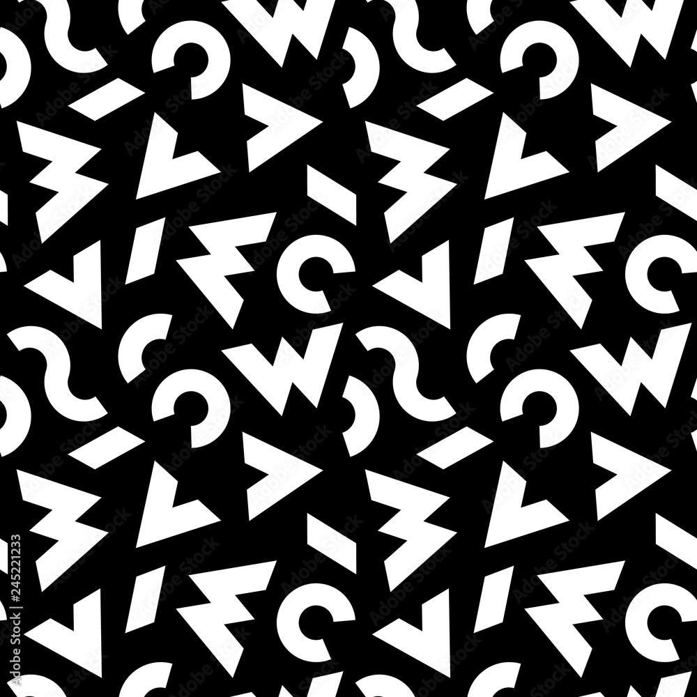 Poster Black and White Seamless Pattern with Abstract Scattered Symbols. Vector Background with Stylized Letters