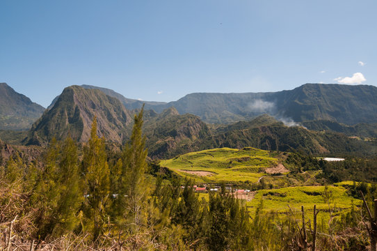 Scenic view of mountain range against clear sky