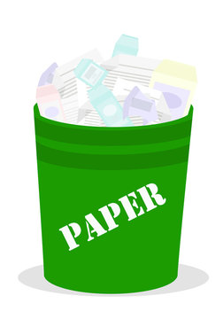 Vector drawing. Garbage basket with paper household waste white background