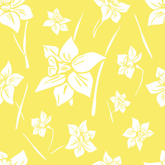 Fototapeta na wymiar Pattern with white flowers on a yellow background. Spring narcissus