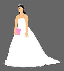 Elegant bride on wedding day, in wedding dress vector illustration. Married young woman in white dress. Just married.