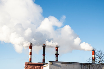 winter cold there is heating in residential buildings. industrial pipe. smoke comes from it