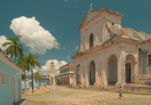 View of Plaza Mayor with church bell tower in background