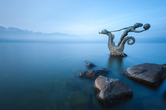 Bronze hippocampus statue in Lake Geneva