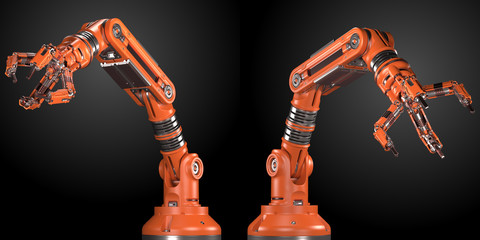 Robotic arm. Orange mechanical hands. Industrial robot manipulators. Futuristic industrial technology. Isolated on black background. 3D illustration