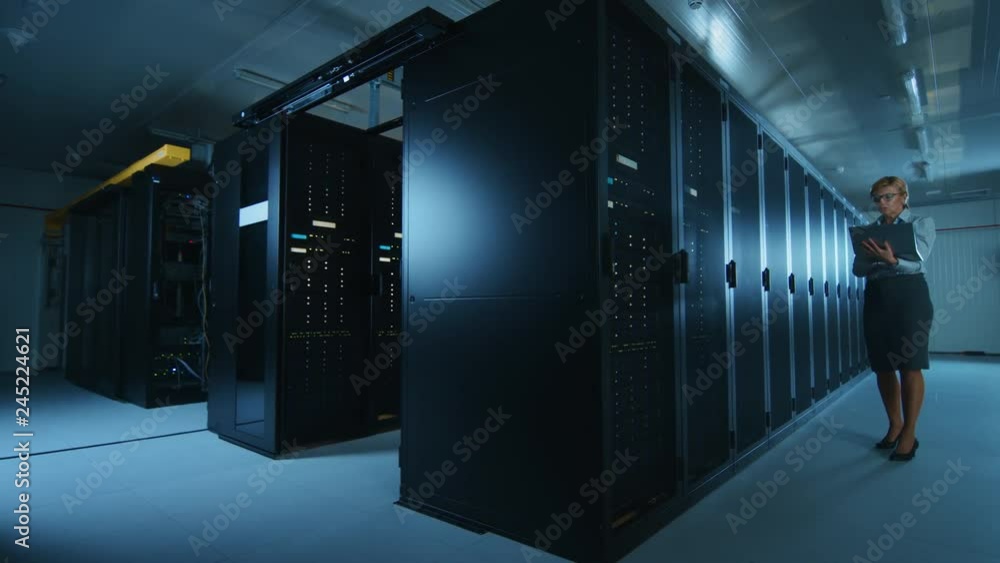 Poster In Data Center Female IT Specialist Walks along the Row of Operational Server Racks, Checking Normal Functioning. Modern High-Tech Telecommunications Operational Data Center.