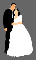 Groom and bride wedding day, in dress and suit vector illustration. Young wedding couple. Happy bride and groom after wedding ceremony. Just married couple in love. Sweet closeness and ceremony  day.