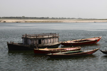 Moored old boats on Ganga river in Varanasi, India