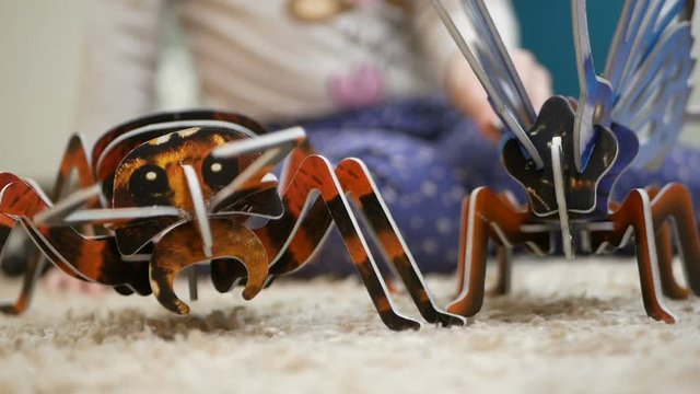 Girl plays with 3d puzzle of butterfly and ant