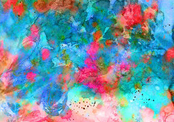 Abstract artistic hand painted watercolor, pink, turquoise colors palette