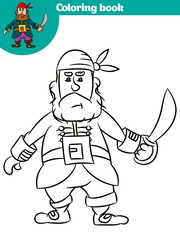 Coloring book with pirate theme. Black and White Cartoon Vector Illustration of Funny Pirate