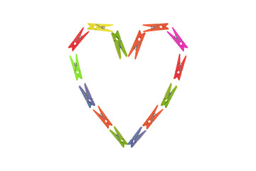 Fototapeta premium Heart form of clothespins on white background.