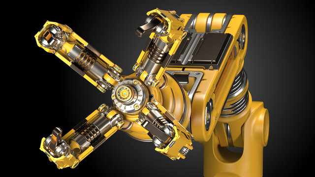 Robotic arm. Yellow mechanical hand. Industrial robot manipulator. Futuristic industrial technology. Isolated on black background. 3D Render