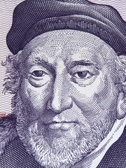 Sir Moses Montefiore face portrait on old Israeli 1 shekel (1980) banknote close up. Founder of...
