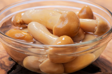 Marinated wine cap mushrooms. Stropharia rugoso annulata mushrooms.