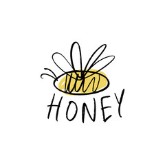 Funny doodle cartoon little bee. Vector and jpg image.