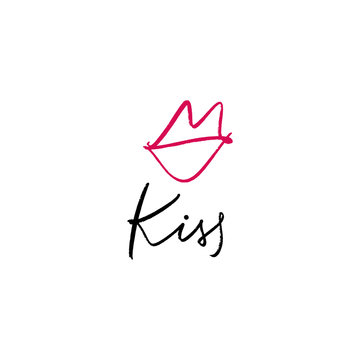 Hand drawn red lips symbol and hugs and kiss me text. Editable elements on white background.