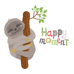Vector Cute cartoon sloth hanging on a tree