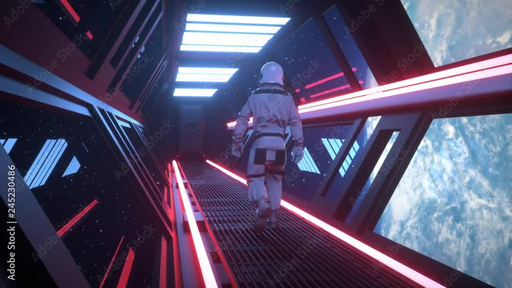 Poster astronaut going through the tunnel to another compartment of the space gateway