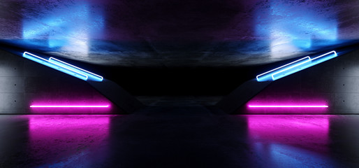 Futuristic Modern Sci Fi Realistic Grunge Concrete Reflective Dark Empty Underground Tunnel Corridor With Neon Glowing Purple Blue Pink Laser Tube Lights 3D Rendering