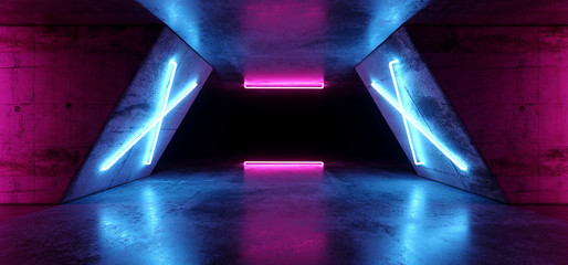 Futuristic Sci Fi Modern Realistic Neon Glowing Purple Pink Blue Led Laser Light Tubes In Grunge Rough Concrete Reflective Dark Empty Tunnel Corridor Background 3D Rendering