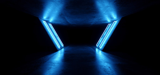 Futuristic Sci Fi Modern Realistic Neon Glowing Blue Led Laser Light Tubes In Grunge Rough Concrete Reflective Dark Empty Tunnel Corridor Background 3D Rendering