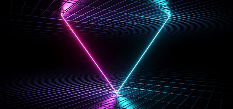 Sci Fi Futuristic Stage Dance Neon Glowing Purple Blue Pink  Triangle Shaped Tilted Lines In Dark Empty Metal Reflective Mesh Surface Tunnel Room Hall 3D Rendering