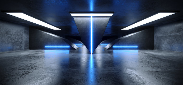 Futuristic Modern Sci Fi Realistic Grunge Concrete Reflective Dark Empty Underground Tunnel Corridor With Neon Glowing Blue Laser Tube Lights 3D Rendering