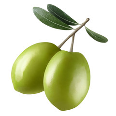 Olive branch with two green olives, isolated on white background