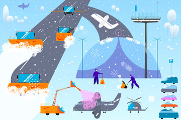 Snow and ice removal concept. Snow plow machines, equipment and tiny people in modern cartoon flat style