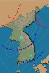 Weather map of the KOREA. Realistic synoptic map of the country showing isobars and weather fronts.Meteorological forecast. Vector illustration. EPS 10 - obrazy, fototapety, plakaty