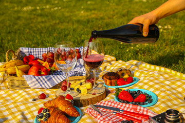 Picnic at the park on the grass: tablecloth, basket, healthy food and accessories