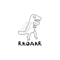 Hand drawn dinosaur with lettering. Jurassic reptile. Sketch Tyrannosaurus Rex doodle character. Isolated cute dino