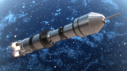 Rocket ship with engine ignited in space