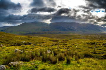 Highland Landscape With Cloudy Mountains Near Durness In Scotland