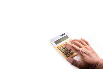 Hand using old calculator on white background .