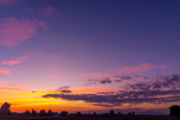 Orange and blue sky after sunset and silhouette of trees. Countryside of Thailand.