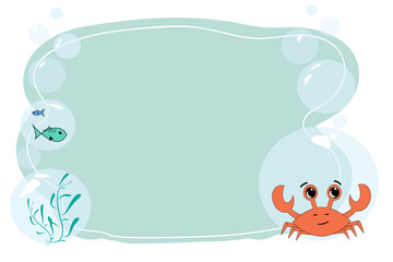 Fototapeta na wymiar Form for text and notes with a cartoon crab and fish. Vector blank for a banner on the marine theme. Form for notes with crab and fish. Vector baby frame for your text. School frame for text.