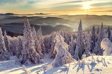 Sunrise in winter in the mountains.