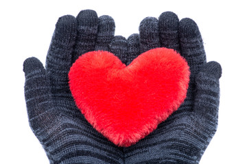 Hands in black gloves holding Red fluffy plush Heart isolated on white background.