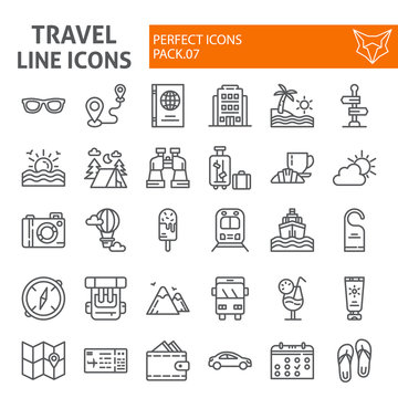 Travel line icon set, tourism symbols collection, vector sketches, logo illustrations, holiday signs linear pictograms package isolated on white background.
