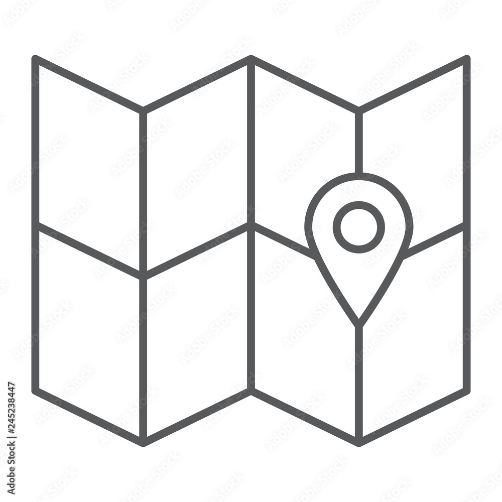 Poster map thin line icon, location and travel, direction sign, vector graphics, a linear pattern on a whit