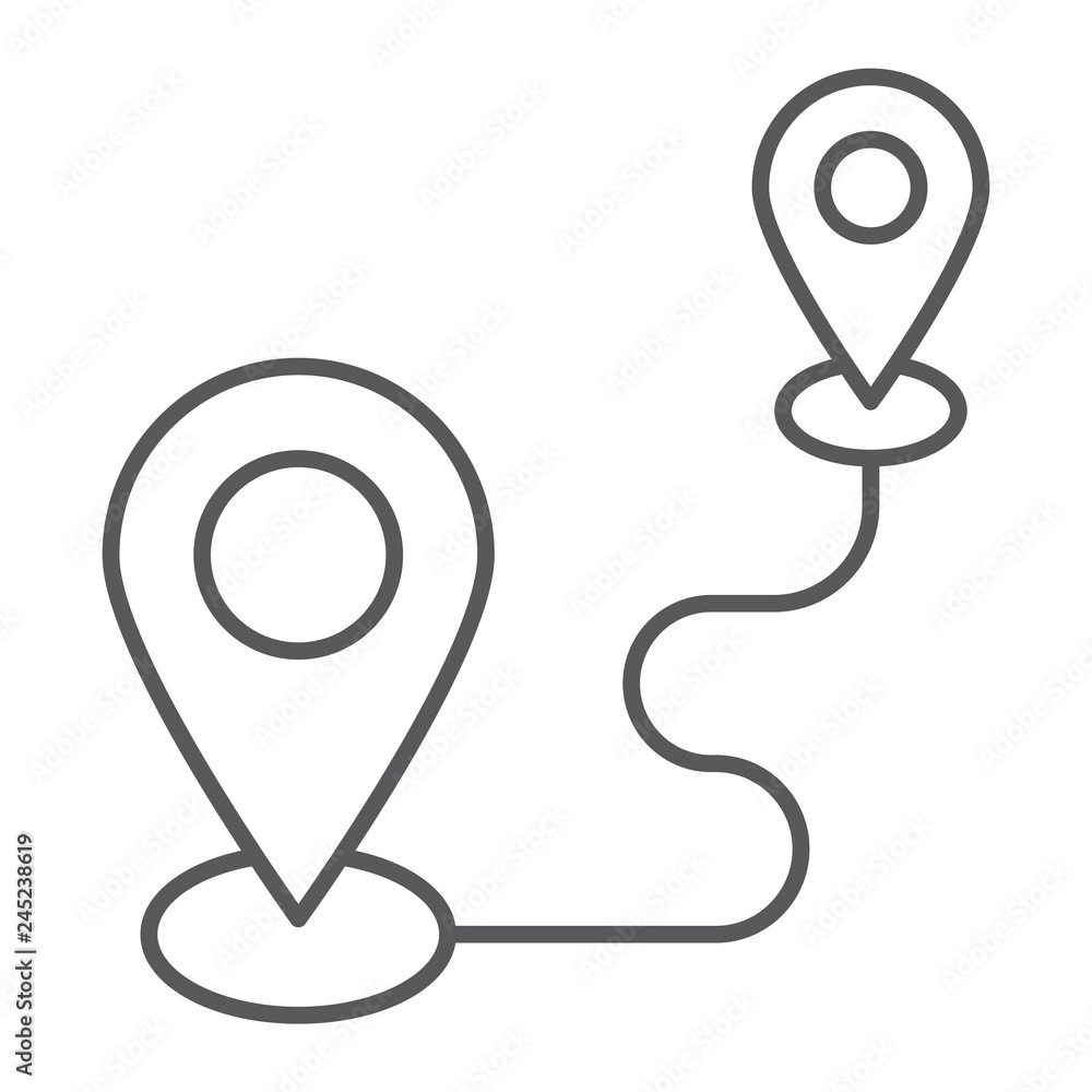 Poster destination thin line icon, gps and location, map pin sign, vector graphics, a linear pattern on a w