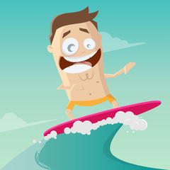 funny cartoon illustration of a surfing man