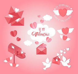 Collection of Valentine's day greeting cards with hand written love words and phrases with many hand drawn elements.Typography poster,card,label,banner design set with background.Vector illustration.