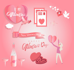 Collection of Valentine's day greeting cards with hand written love words and phrases with many hand drawn elements.Typography poster,card,label,banner design set with background.Vector illustration.
